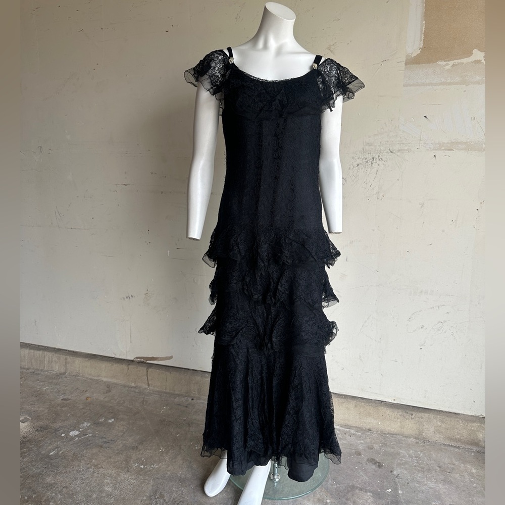 Antique 1920s 1930s tiered drop waist black lace dress